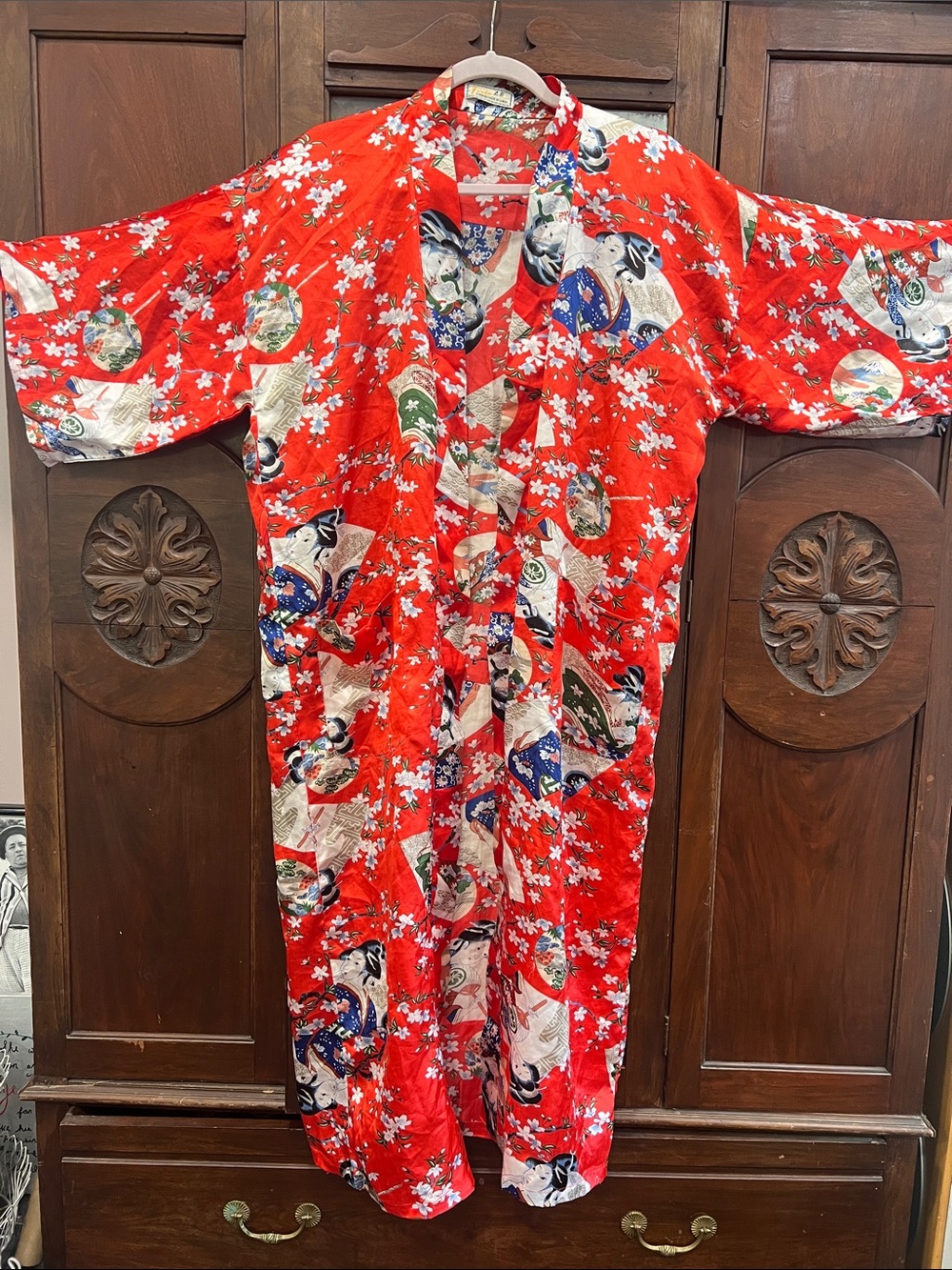 Vintage 50's Red Floral Satin Kimono Robe